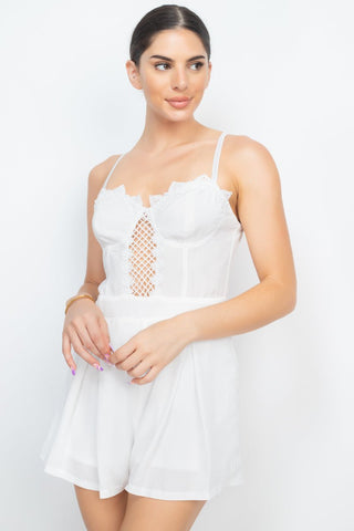 Savannah Smiles 100% Polyester Padded Lace Trim Criss-Cross Detail Cinched Waist Pleated Romper (White)