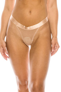 Lady Larissa Lace Panel 85% Nylon 15% Spandex Elastic Waistband Mesh Thong Bikini Underwear (Tan)