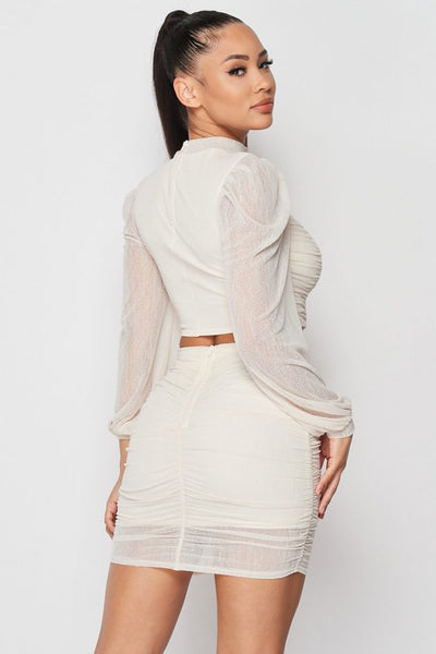 Our Best 95% Polyester 5% Spandex Sexy Sheer Cutout Puff Sleeve Two Piece Top & Mini Skirt Set (Cream)