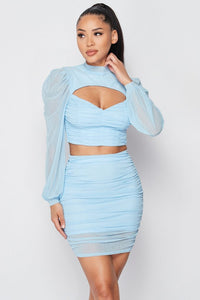 Our Best 95% Polyester 5% Spandex Sexy Sheer Cutout Puff Sleeve Two Piece Top & Mini Skirt Set (Light Blue)