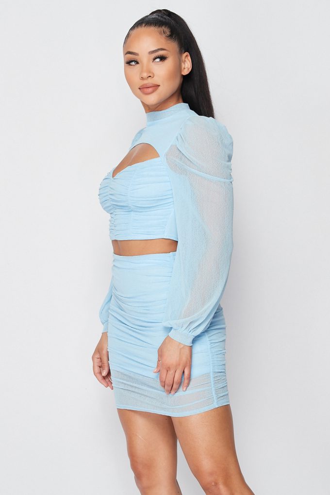 Our Best Polyester/Spandex Blend Sexy Sheer Cutout Puff Sleeve Two Piece Top & Mini Skirt Set (Light Blue)