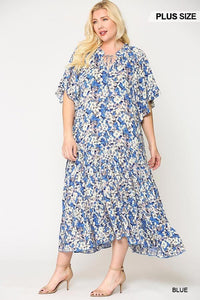 Plus Size Lovely Ladies 100% Rayon 3/4 Flowy Draped Sleeve Floral Frill Detail Flowy Maxi Dress (Blue)