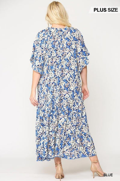Plus Size Lovely Ladies 100% Rayon 3/4 Flowy Draped Sleeve Floral Frill Detail Flowy Maxi Dress (Blue)