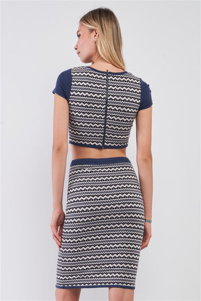 Our Best Navy & White Geometrical Pattern Short Sleeve Crop Top & High-Waisted Pencil Skirt Two Piece Set (Navy/Multi)