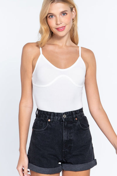 Our Best 90% Rayon 10% Spandex Bust Detail Cami Rib Bodysuit (Off White)