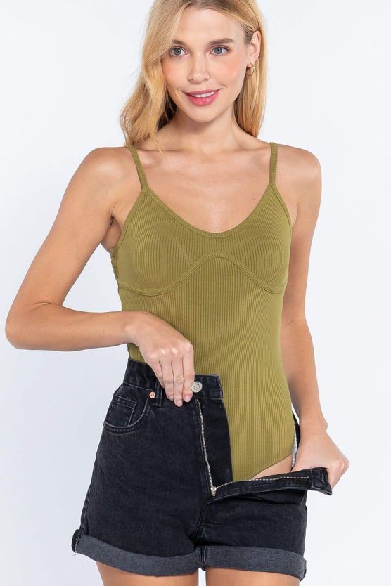 Our Best 90% Rayon 10% Spandex Bust Detail Cami Rib Bodysuit (Olive Oil)
