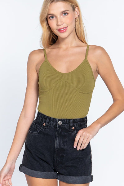 Our Best 90% Rayon 10% Spandex Bust Detail Cami Rib Bodysuit (Olive Oil)