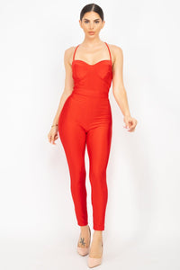 Fannie Fitness Polyester Blend Solid Shoulder Straps Sweetheart Neckline Sleeveless Cinched Detail Jumpsuit (Red Orange)