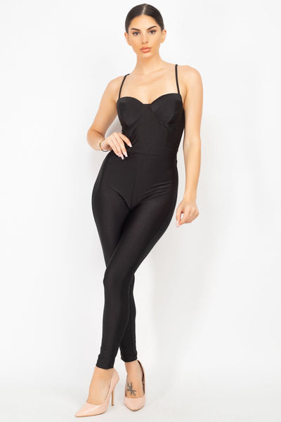Fannie Fitness Polyester Blend Solid Shoulder Straps Sweetheart Neckline Sleeveless Cinched Detail Jumpsuit (Black)