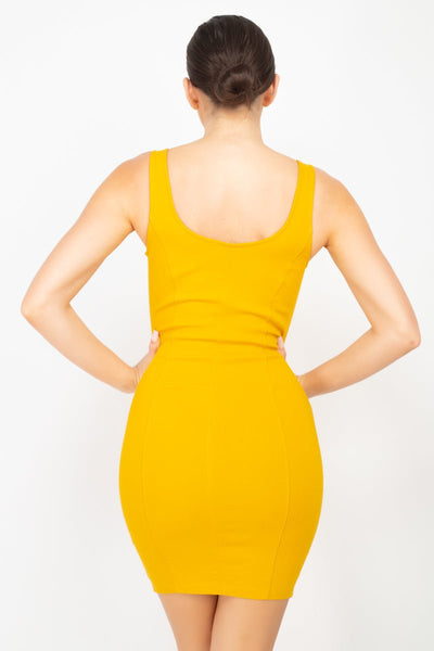 Carrianne Casual Rayon/Spandex Blend Sexy Slinky Sleeveless Scoop Neckline Solid Color Bodycon Mini Dress (Mustard)