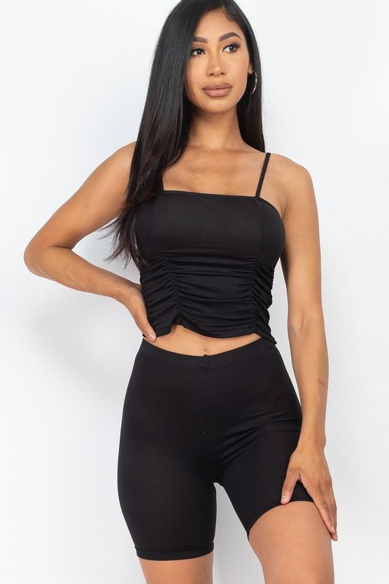 Our Best 92% Polyester 8% Spandex Camisole Ruched Sleeveless Top & Biker Shorts Two Piece Set (Black)