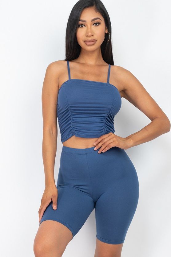 Our Best 92% Polyester 8% Spandex Camisole Ruched Sleeveless Top & Biker Shorts Two Piece Set (Blue Haze)
