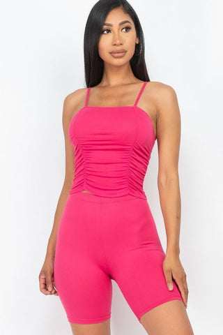 Our Best 92% Polyester 8% Spandex Camisole Ruched Sleeveless Top & Biker Shorts Two Piece Set (Fuschia)