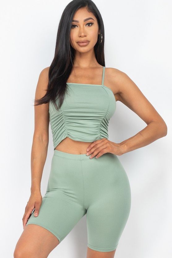 Our Best 92% Polyester 8% Spandex Camisole Ruched Sleeveless Top & Biker Shorts Two Piece Set (Green Bay)