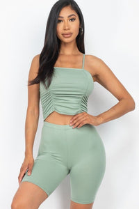 Camisole Polyester/Spandex Blend Ruched Sleeveless Top & Biker Shorts Set (Green Bay)