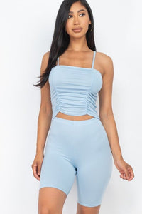 Our Best 92% Polyester 8% Spandex Camisole Ruched Sleeveless Top & Biker Shorts Two Piece Set (Sky Blue)