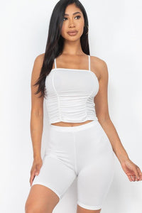 Our Best 92% Polyester 8% Spandex Camisole Ruched Sleeveless Top & Biker Shorts Two Piece Set (White)