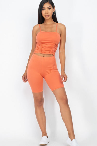 Our Best 92% Polyester 8% Spandex Camisole Ruched Sleeveless Top & Biker Shorts Two Piece Set (Flamingo)