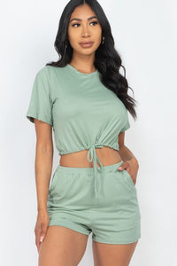 Our Best 92% Polyester 8% Spandex Adjustable Front Drawstring Tie Crop Top & Shorts Casual Summer Set (Green Bay)