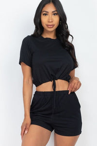 Our Best 92% Polyester 8% Spandex Adjustable Front Drawstring Tie Crop Top & Shorts Casual Summer Set (Black)