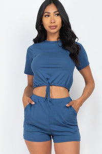 Our Best 92% Polyester 8% Spandex Adjustable Front Drawstring Tie Crop Top & Shorts Casual Summer Set (Blue Haze)