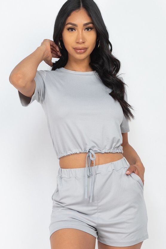 Our Best 92% Polyester 8% Spandex Adjustable Front Drawstring Tie Crop Top & Shorts Casual Summer Set (Grey)
