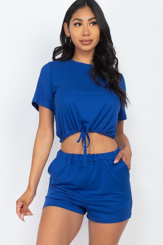 Our Best 92% Polyester 8% Spandex Adjustable Front Drawstring Tie Crop Top & Shorts Casual Summer Set (Royal)