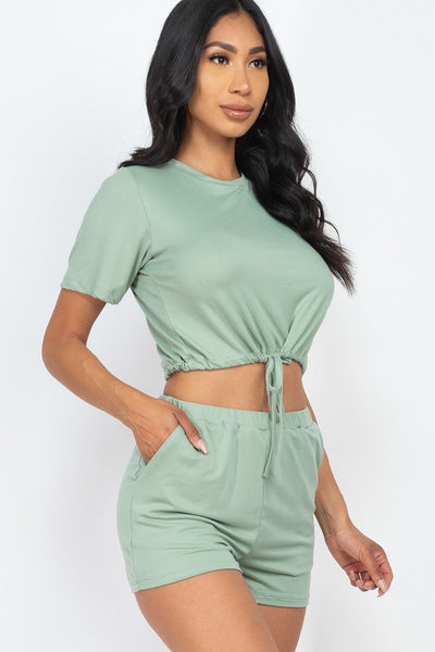 Our Best 92% Polyester 8% Spandex Adjustable Front Drawstring Tie Crop Top & Shorts Casual Summer Set (Green Bay)