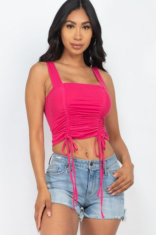 Sassy Lassie Summertime Polyester Blend Adjustable Front Ruched String Square Neck Crop Top (Fuchsia)