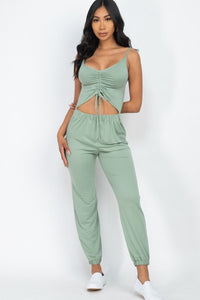 Lady Dahlia Delila Polyester Blend Green Bay Front Ruched With Adjustable String Cami Casual / Summer Jumpsuit