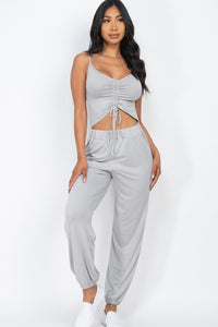 Fiona Freestyle 92% Polyester 8% Spandex Front Ruched Adjustable Straps Cami Casual/Summer Jumpsuit (Grey)