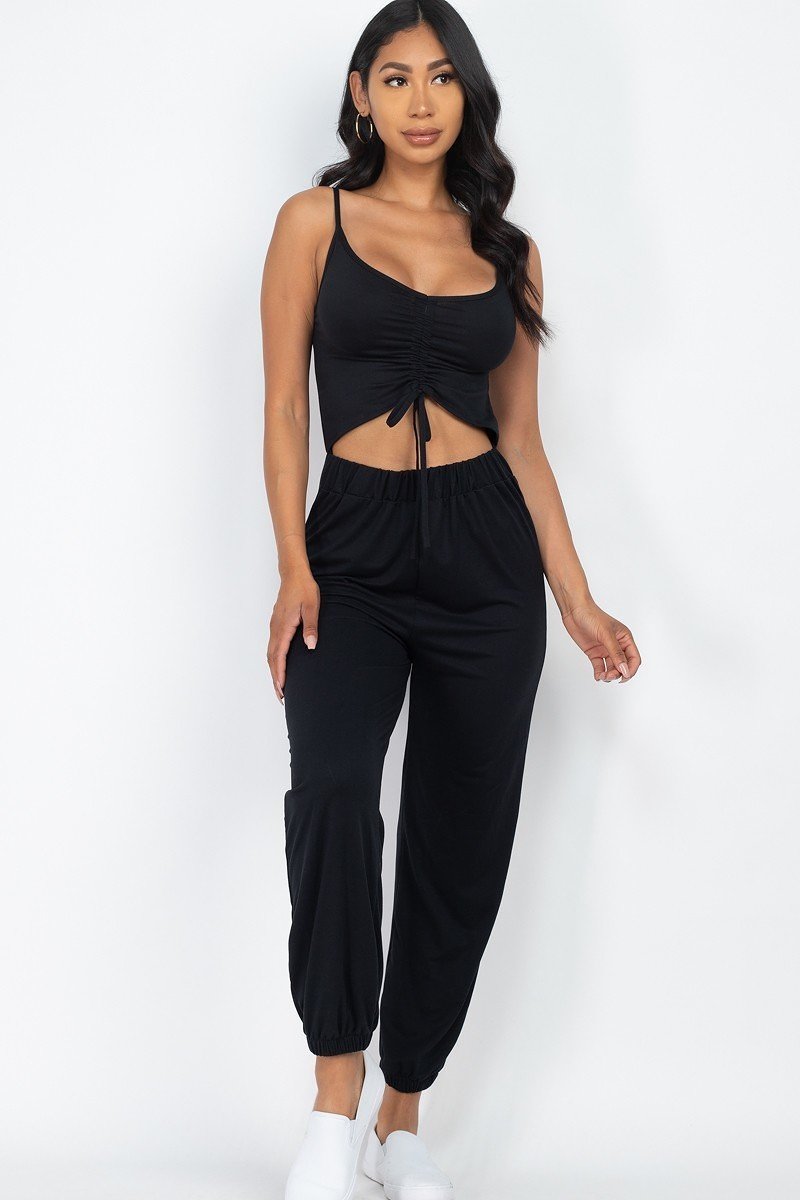 Fiona Freestyle 92% Polyester 8% Spandex Front Ruched Adjustable Straps Cami Casual/Summer Jumpsuit (Black)