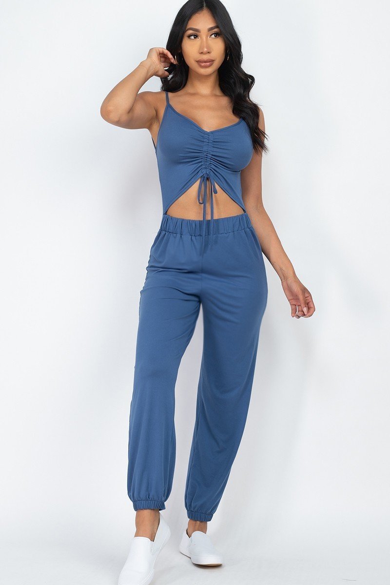 Fiona Freestyle 92% Polyester 8% Spandex Front Ruched Adjustable Straps Cami Casual/Summer Jumpsuit (Blue Haze)
