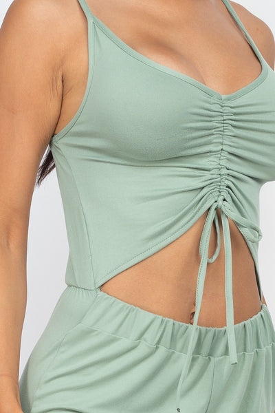 Fiona Freestyle 92% Polyester 8% Spandex Front Ruched Adjustable Straps Cami Casual/Summer Jumpsuit (Green Bay)