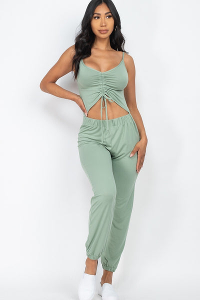 Fiona Freestyle 92% Polyester 8% Spandex Front Ruched Adjustable Straps Cami Casual/Summer Jumpsuit (Green Bay)