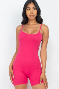 Our Best Polyester/Spandex Stretch Knit Strappy Backless Solid Color Cami Romper (Fuchsia)