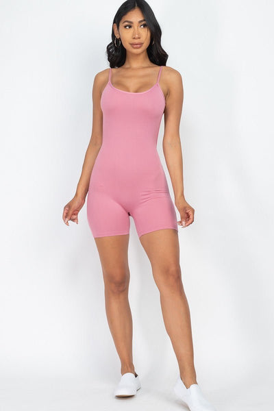 Our Best Polyester/Spandex Stretch Knit Strappy Backless Solid Color Cami Romper (Polignac)