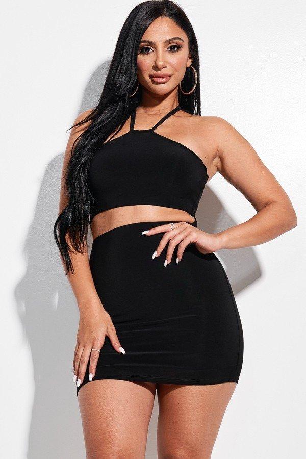 Helena Halter 95% Polyester 5% Spandex Double Layered Solid Knit Double Layered Halter Neck Front Cut Out Detail Mini Dress (Black)