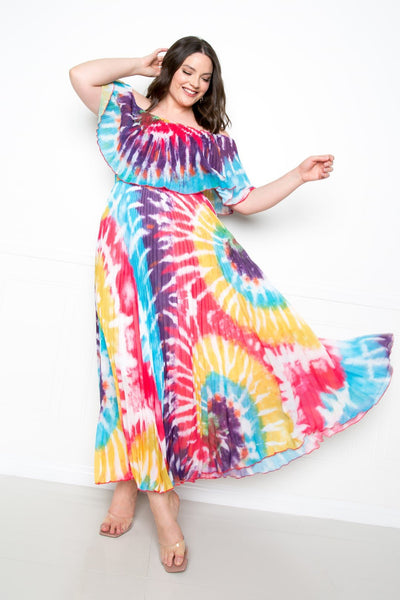 Plus Size Lovely Ladies 97% Polyester 3% Spandex Tie Dye Off Shoulder Pleated Maxi Dress (Multi/Hot Pink)
