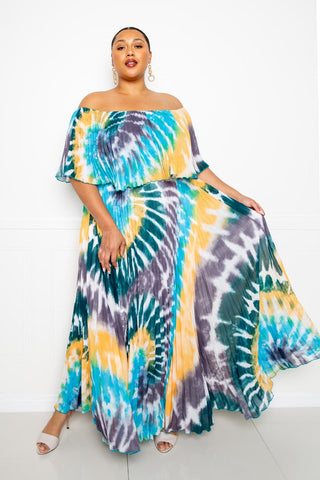 Plus Size Lovely Ladies 97% Polyester 3% Spandex Tie Dye Off Shoulder Pleated Maxi Dress (Multi/Blue)