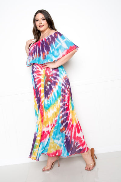 Plus Size Lovely Ladies 97% Polyester 3% Spandex Tie Dye Off Shoulder Pleated Maxi Dress (Multi/Hot Pink)