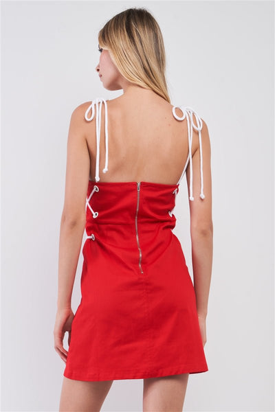 Lacie Stacie 97% Cotton 3% Spandex Lace-up Straps Sleeveless Square Neck White Side Lace-Up Self-Tie Shoulder Straps Fitted Mini Dress (Red)