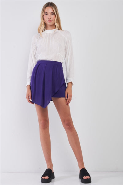 Our Best Asymmetrical 100% Cotton Pleated Front Hidden Zipper Spring/Summer Mini Skirt (Purple)