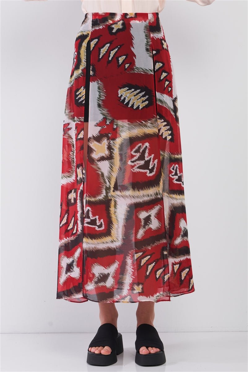 Our Best Vintage Graphics 100% Polyester High-Waisted Slits Detail Spring/Summer Maxi Skirt (Red Multi)