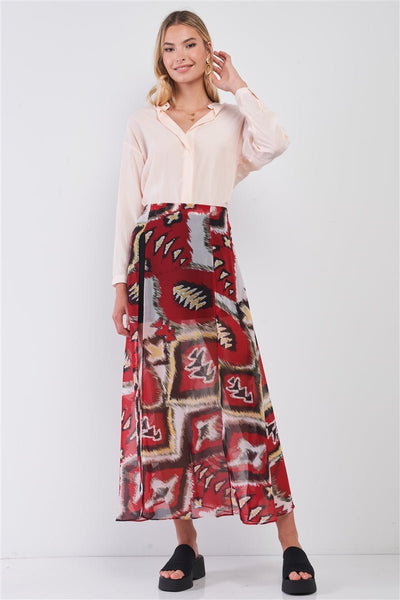 Our Best Vintage Graphics 100% Polyester High-Waisted Slits Detail Spring/Summer Maxi Skirt (Red Multi)