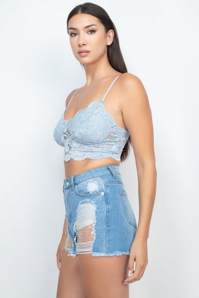 Lady Larissa 100% Polyester Cami Straps Floral Lace Sweetheart Neckline Bralette Top (Dusty Blue)