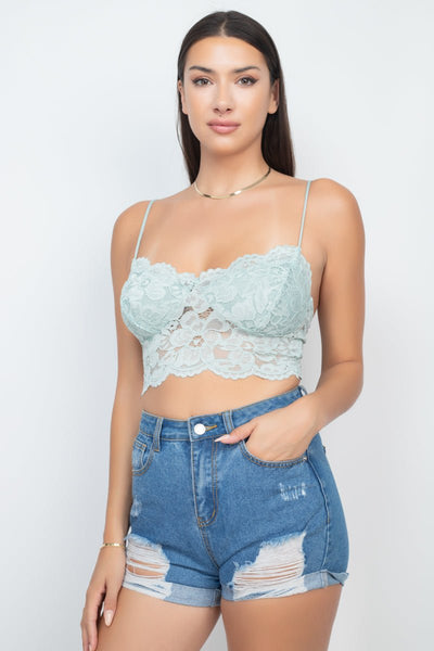 Lady Larissa 100% Polyester Cami Straps Floral Lace Sweetheart Neckline Bralette Top (Sage)
