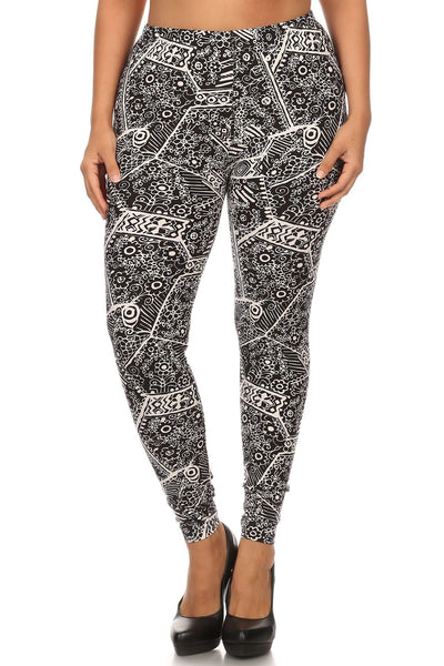 Plus Size Ornate Print Full Length Fitted Leggings With High Elastic Waist