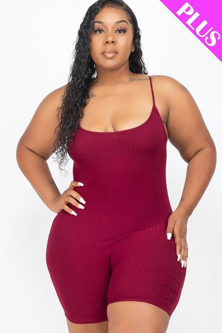 Plus Size Lovely Ladies Polyester/Spandex Ribbed Knit Sleeveless Back Cutouts Bodycon Active Romper (Burgundy)