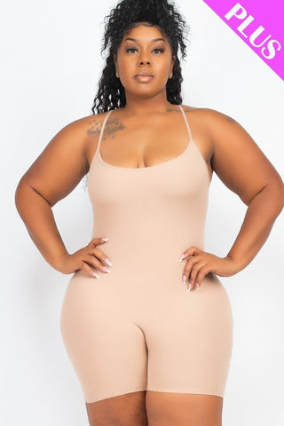 Plus Size Lovely Ladies Polyester/Spandex Ribbed Knit Sleeveless Back Cutouts Bodycon Active Romper (Toffee)